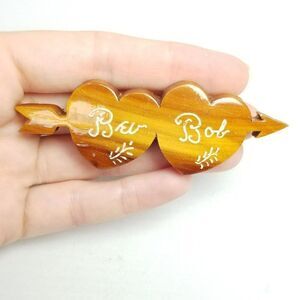 Vintage Bev and Bob Handmade Wooden Double Heart and Arrow Brooch, Love